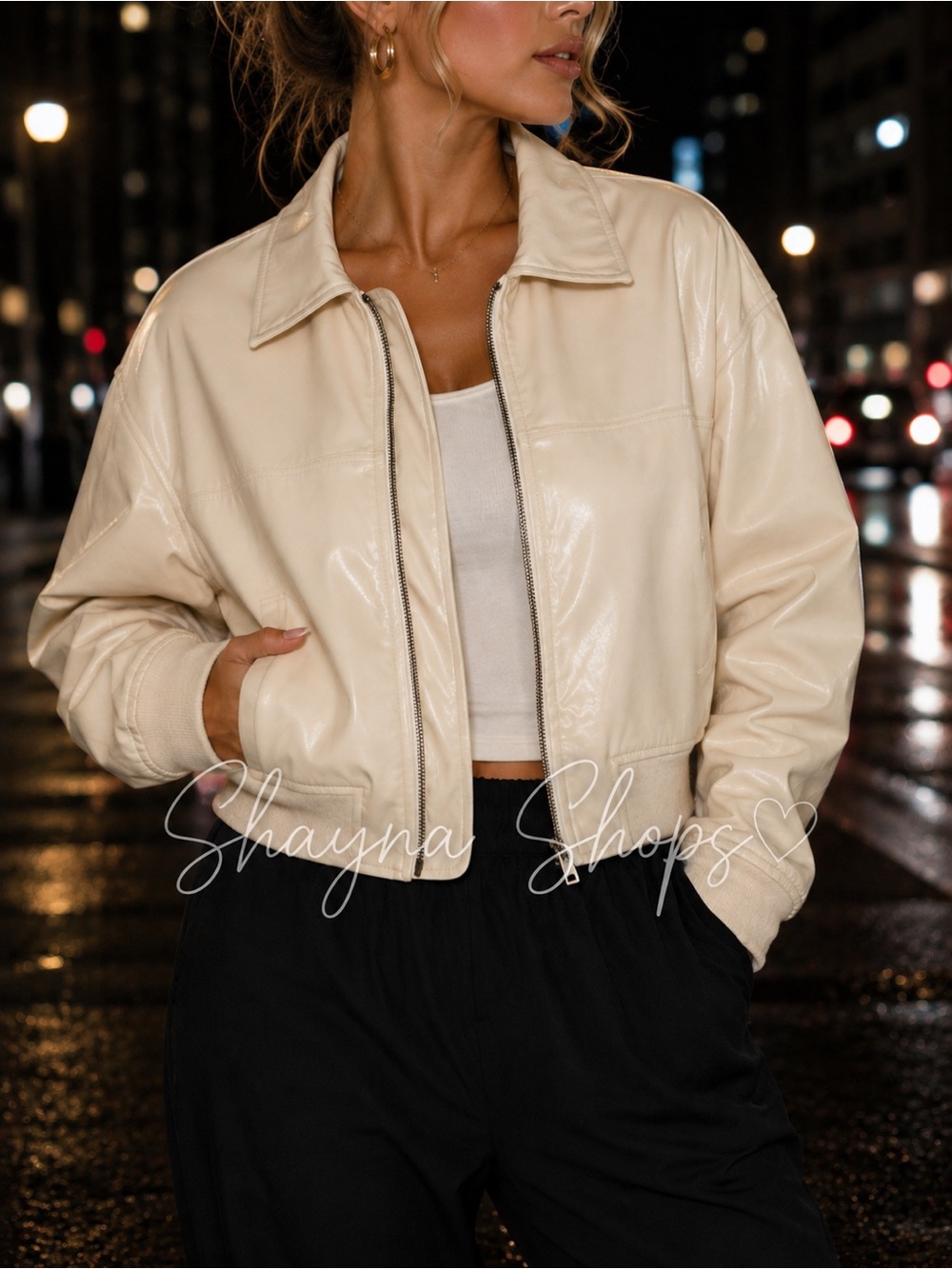 Idem Ditto Cream Faux Leather Cropped Bomber Jacket - Picture 2 of 11